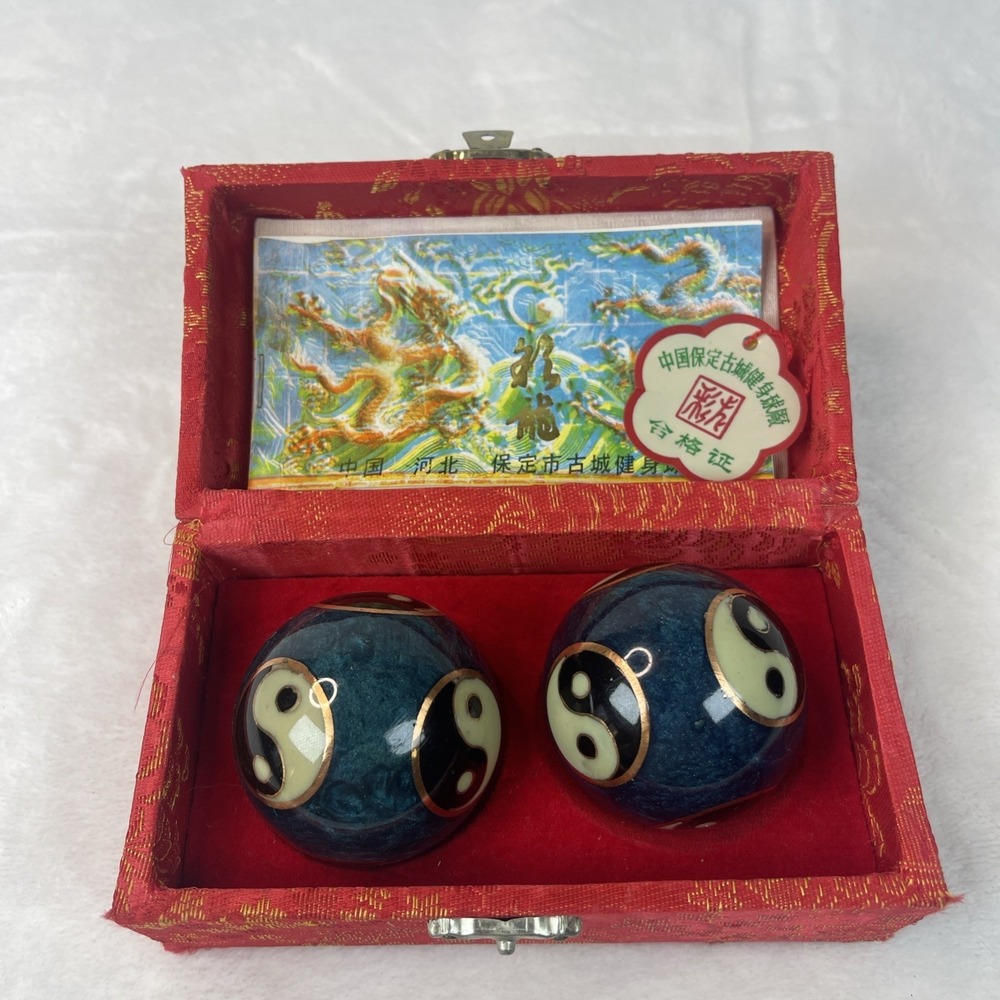 Vintage Chinese Baoding Balls Musical Meditation Set Yin Yang 2" w Box